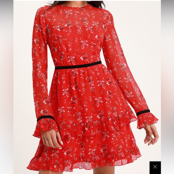 Lulus Floral to See Red Floral Print Long Sleeve Mini Dress - Picture 1 of 7